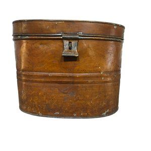 Antique Brown Large Oval Officers Metal Tin Hat Box carrying case